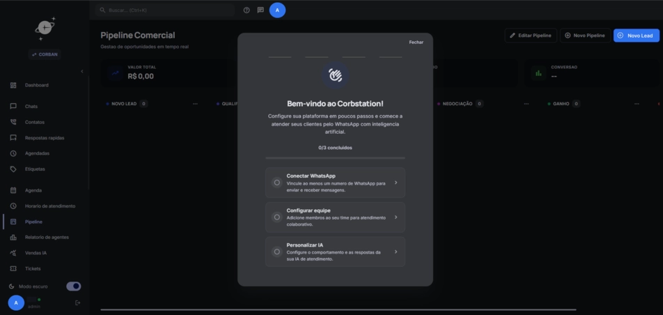Tela do Sistema de Gestão CorbStation com painel de tickets, pipeline de crédito e indicadores operacionais